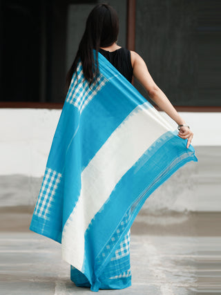 Sky Blue White Ikat Handwoven Cotton Saree - S031704052