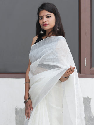 White  Silver Handwoven Linen Embroidered  Saree With Zari Border - S031704096