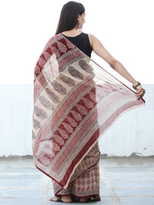 Ivory Red Bagh Hand Block Printed Kota Doria Saree - S031703897
