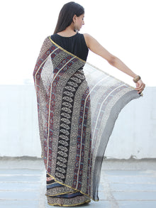 Ivory Maroon Indigo Hand Block Printed Chiffon Saree with Zari Border - S031703935