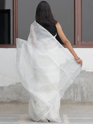 White  Silver Handwoven Linen Embroidered  Saree With Zari Border - S031704096