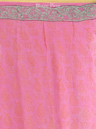 Pink Red Green Hand Block Printed Chiffon Saree with Zari Border - S031704620