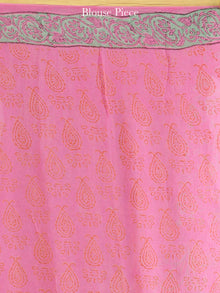 Pink Red Green Hand Block Printed Chiffon Saree with Zari Border - S031704620