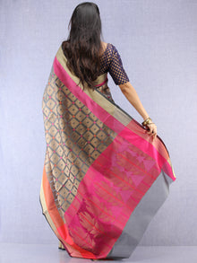 Banarasee Super Net Saree With Zari Border - Grey Pink & Antique Gold - S031704429