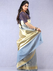 Banarasee Chanderi Silk Paisley Saree With Zari Border - Blue Grey & Gold - S031704332
