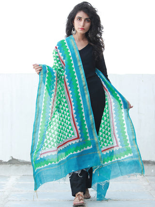 Sky Blue Green White Chanderi Hand Block Printed Dupatta - D04170470