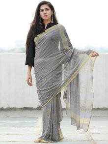 Grey Blue Yellow Hand Block Printed Chiffon Saree with Zari Border - S031703951