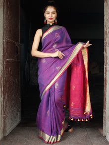Purple Magenta Golden Handwoven Linen Jamdani Saree With Zari Border & Tassels - S031704022
