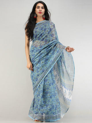 Sky Blue Indigo White Hand Block Printed Kota Doria Saree - S031704577