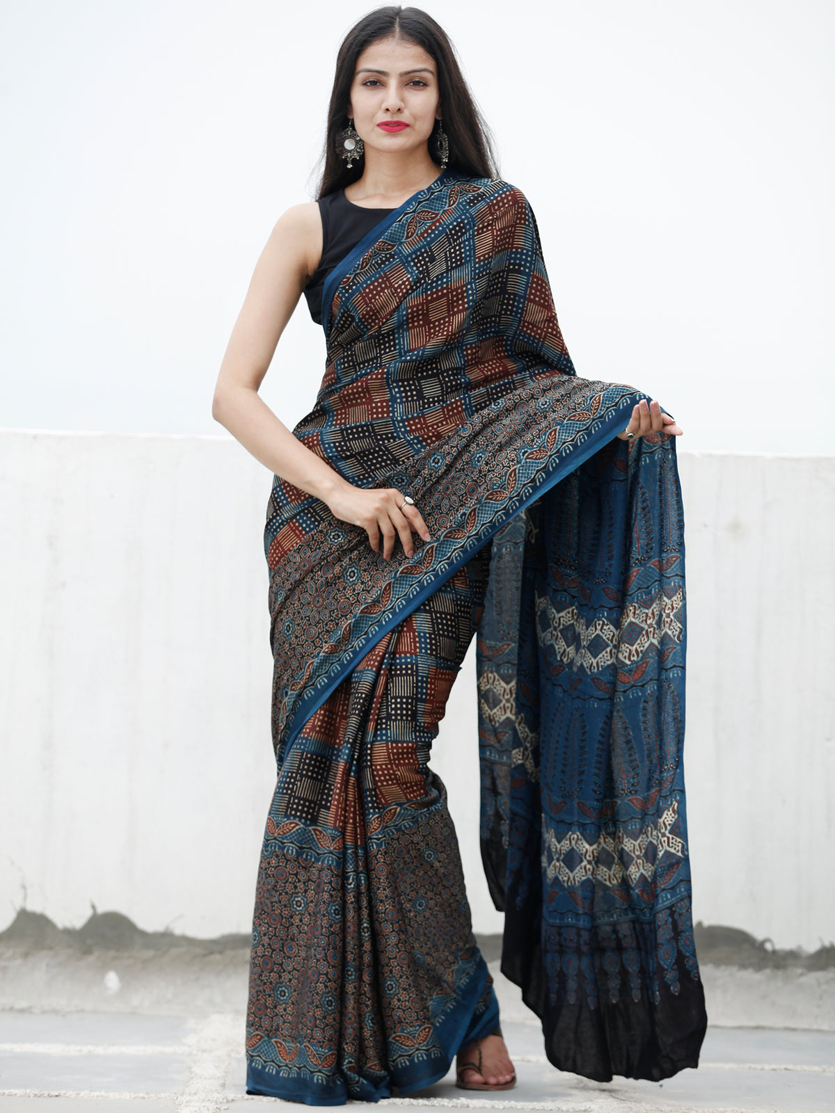 Indigo Maroon Beige Black Ajrakh Hand Block Printed Modal Silk Saree in Natural Colors - S031703720