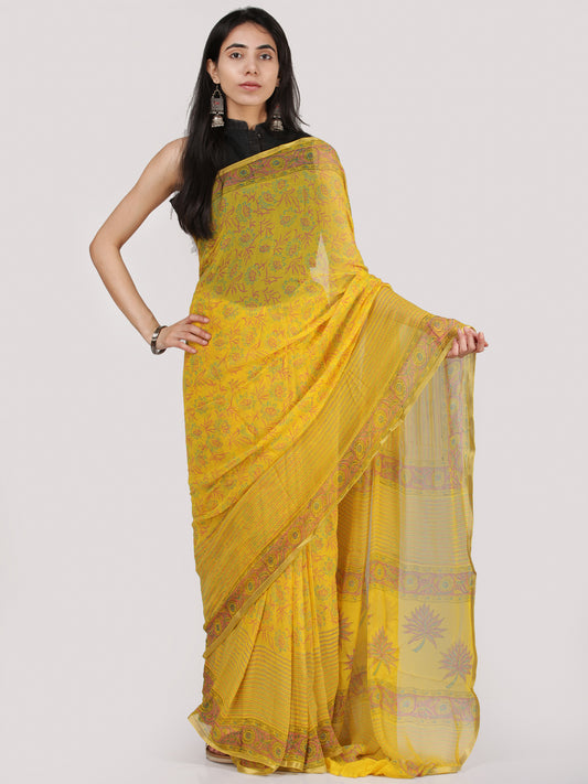 Bright Yellow Green Hand Block Printed Chiffon Saree With Zari Border - S031704708