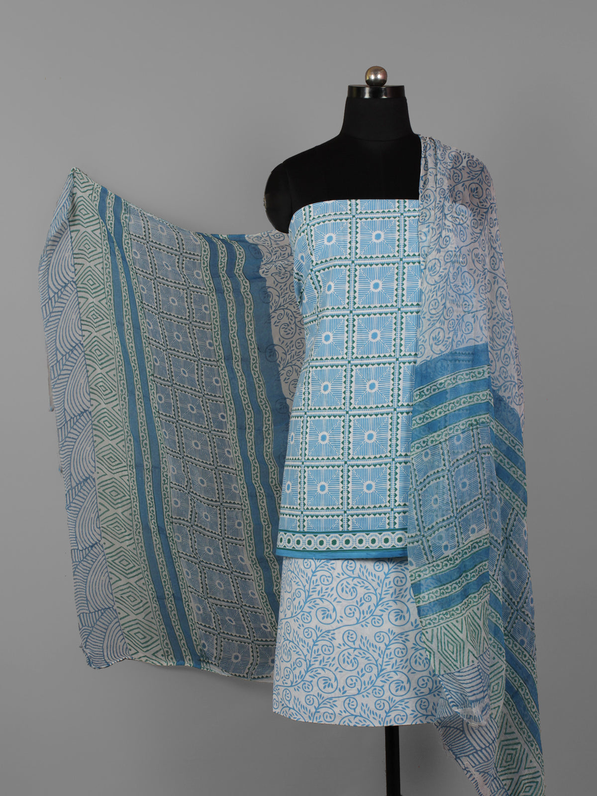 White Teal Blue Hand Block Printed Cotton Suit-Salwar Fabric With Chiffon Dupatta (Set of 3) - S16281303