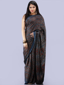 Indigo Black Maroon Ivory Ajrakh Hand Block Printed Modal Silk Saree - S031704262