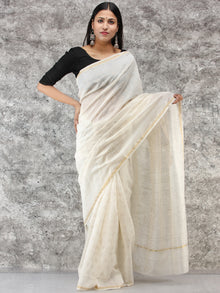 White Golden Hand Block Printed Maheshwari Silk Saree With Zari Border - S031704514