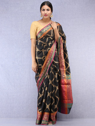 Banarasee Cotton Silk Saree With Zari Work - Black Pink & Antique Gold - S031704430