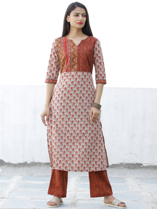 Beige Brown Green Cotton Block Printed Kurta & Pants - Set of 2 - SS01F1876