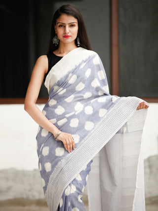 Steel Blue White Grey Ikat Handwoven Cotton Saree - S031704049