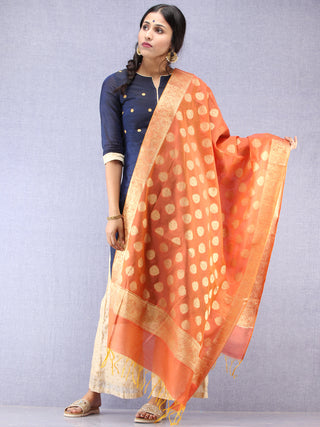 Banarasi Chanderi Dupatta With Resham Work - Orange & Gold - D04170815