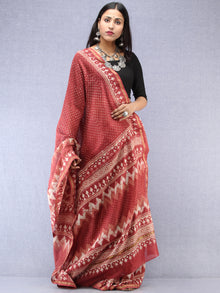 Rosewood Ivory Hand Block Printed Maheshwari Silk Saree With Zari Border - S031704527