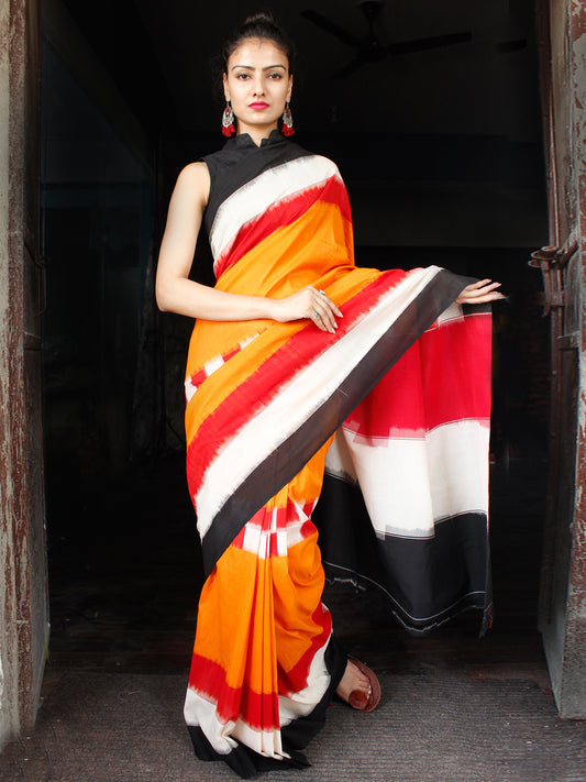 Black Red White Orange Ikat Handwoven Cotton Saree - S031703635