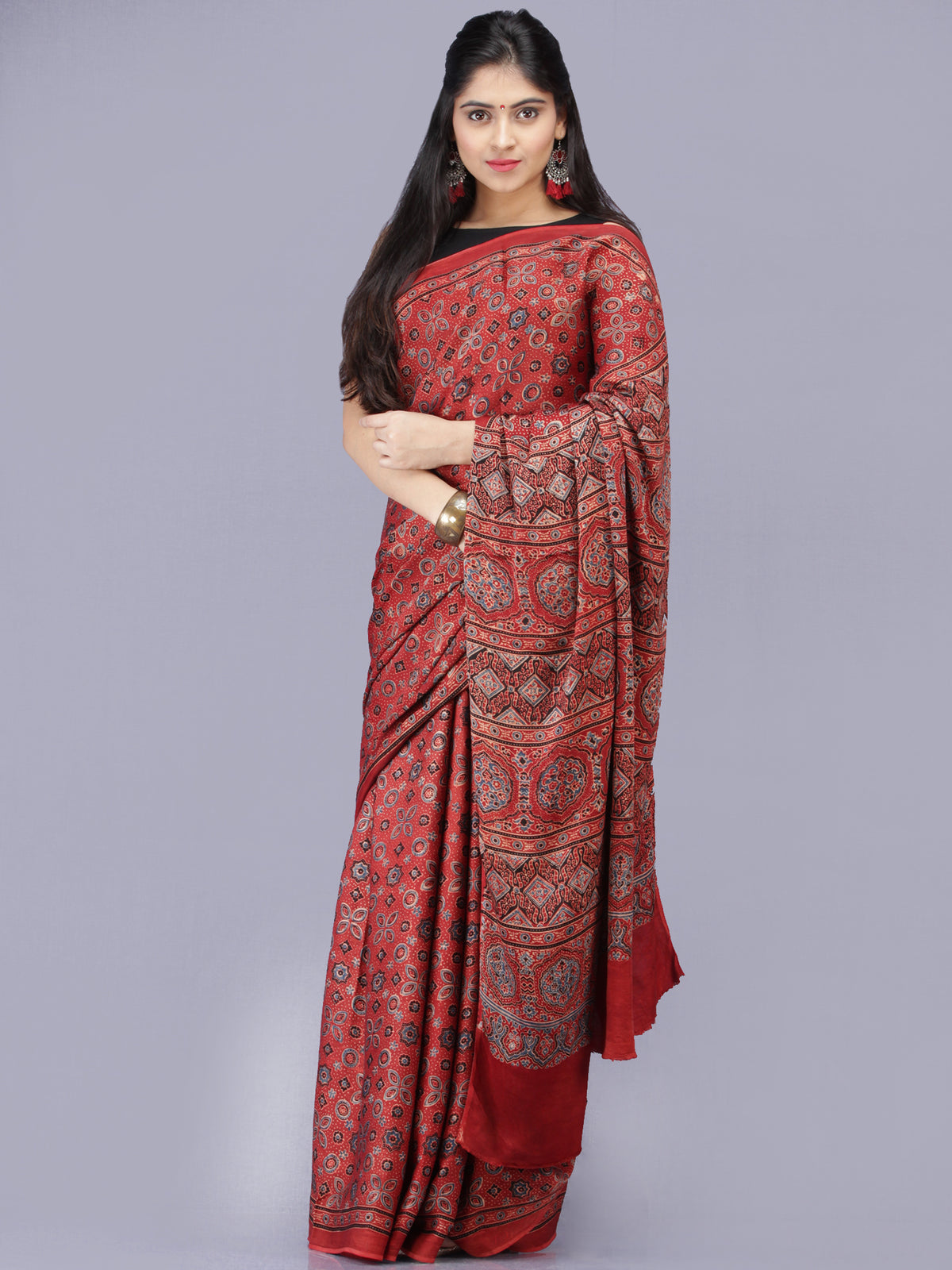 Crimson Red Black Ajrakh Hand Block Printed Modal Silk Saree - S031704192