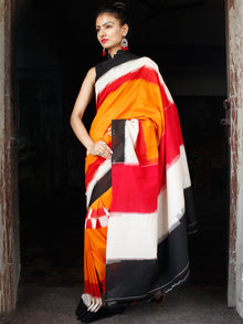 Black Red White Orange Ikat Handwoven Cotton Saree - S031703635