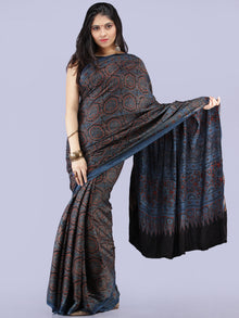 Indigo Black Maroon Ivory Ajrakh Hand Block Printed Modal Silk Saree - S031704262