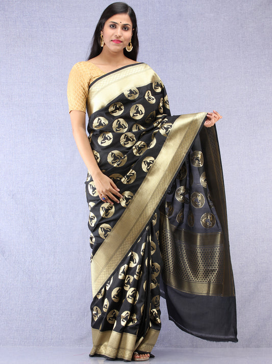 Banarasee Art Silk Saree With Bird Motif - Black & Gold - S031704333