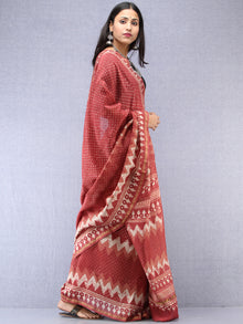 Rosewood Ivory Hand Block Printed Maheshwari Silk Saree With Zari Border - S031704527