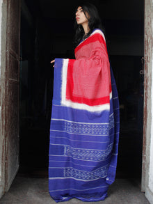 Red Royal Blue White Double Ikat Handwoven Cotton Saree - S031703536