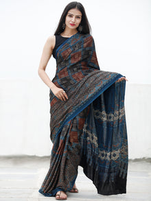Indigo Maroon Beige Black Ajrakh Hand Block Printed Modal Silk Saree in Natural Colors - S031703720