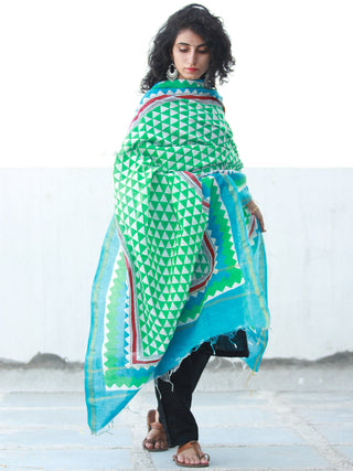 Sky Blue Green White Chanderi Hand Block Printed Dupatta - D04170470