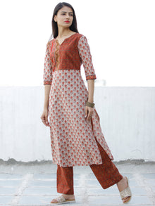 Beige Brown Green Cotton Block Printed Kurta & Pants - Set of 2 - SS01F1876