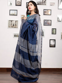 Indigo White Chanderi Silk Hand Block Printed Saree With Zari Border - S031703179
