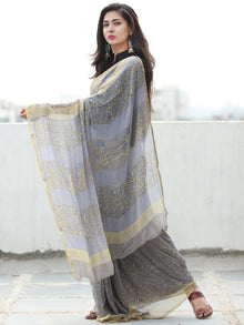 Grey Blue Yellow Hand Block Printed Chiffon Saree with Zari Border - S031703951