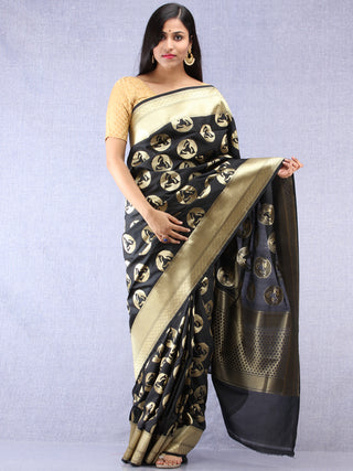 Banarasee Art Silk Saree With Bird Motif - Black & Gold - S031704333