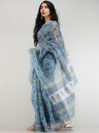 Sky Blue Indigo White Hand Block Printed Kota Doria Saree - S031704577