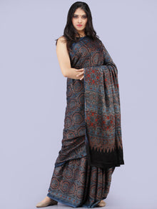 Indigo Black Maroon Ivory Ajrakh Hand Block Printed Modal Silk Saree - S031704262
