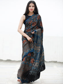 Indigo Maroon Beige Black Ajrakh Hand Block Printed Modal Silk Saree in Natural Colors - S031703720