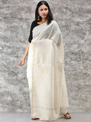 White Golden Hand Block Printed Maheshwari Silk Saree With Zari Border - S031704514