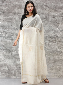 White Golden Hand Block Printed Maheshwari Silk Saree With Zari Border - S031704514