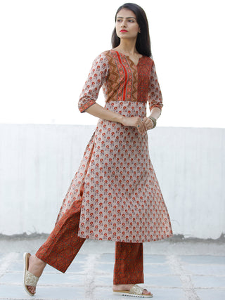 Beige Brown Green Cotton Block Printed Kurta & Pants - Set of 2 - SS01F1876