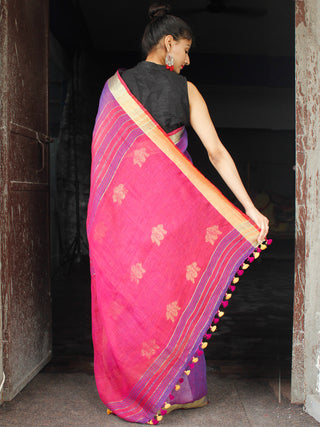 Purple Magenta Golden Handwoven Linen Jamdani Saree With Zari Border & Tassels - S031704022