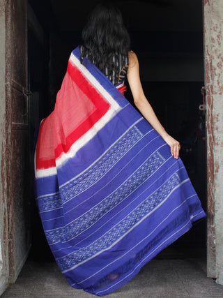 Red Royal Blue White Double Ikat Handwoven Cotton Saree - S031703536