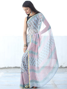 pastel Blue Pink Hand Block Printed Chiffon Saree with Zari Border - S031703938