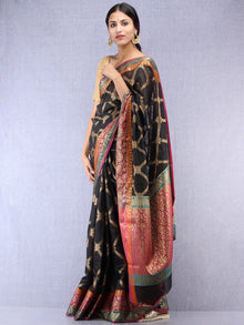 Banarasee Cotton Silk Saree With Zari Work - Black Pink & Antique Gold - S031704430
