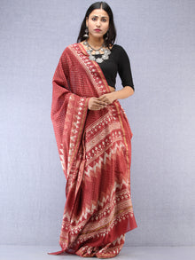 Rosewood Ivory Hand Block Printed Maheshwari Silk Saree With Zari Border - S031704527