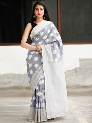 Steel Blue White Grey Ikat Handwoven Cotton Saree - S031704049
