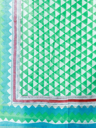 Sky Blue Green White Chanderi Hand Block Printed Dupatta - D04170470