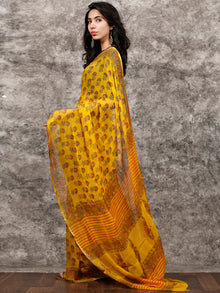 Yellow Orange Green Hand Block Printed Chiffon Saree with Zari Border - S031703499
